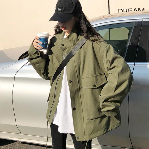 

women's jackets women jacket autumn 2021 korean fashion wild retro ins style solid stand collar zipper tooling pocket loose casual, Black;brown