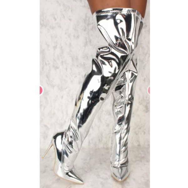 

mirror pu over the knee women boots super high heels pointed toe boot female shoes new winter warm footwear plus size 38-43, Black