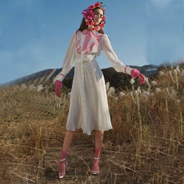 

new elegant white ruffles patchwork midi woman 2021 vintage runway designers long sleeve summer vman, Black;gray