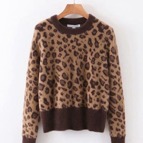 

2021 autumn/winter new chenille cashmere texture leopard print women's round neck long sleeve sweater slim and comfortable, White;black
