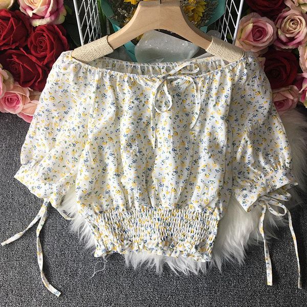 

women's t-shirt bow tie shoulder daisy print short sleeve shirt xiafa niche bubble top, White