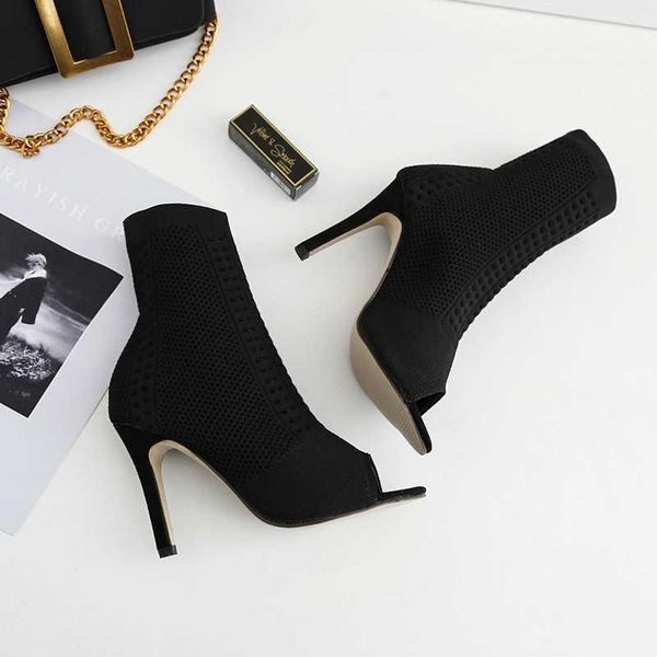 

dress shoes spring and summer fashion socks boots knitted fish mouth thin heel high heels women's cool, Black