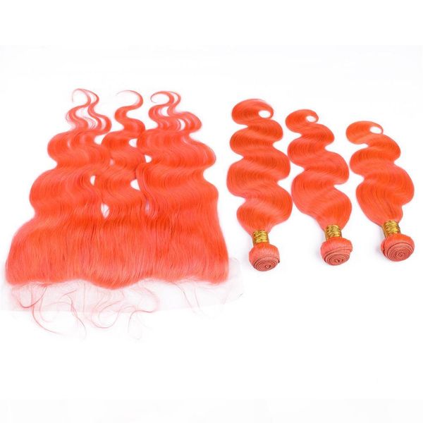 

body wave brazilian orange human hair weave bundles with frontal orange color virgin hair weft extensions with lace frontal closure 13x4, Black