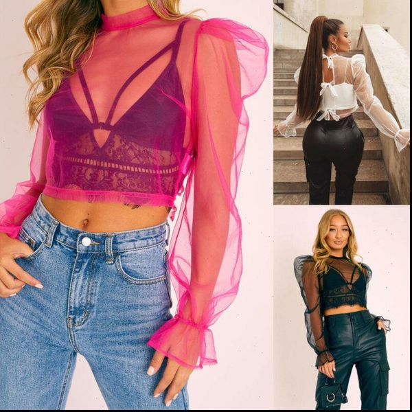 

fashion women sheer summer see through mesh long sleeve shirt blouse shirt pure color chiffon elegant cover up clothes, White
