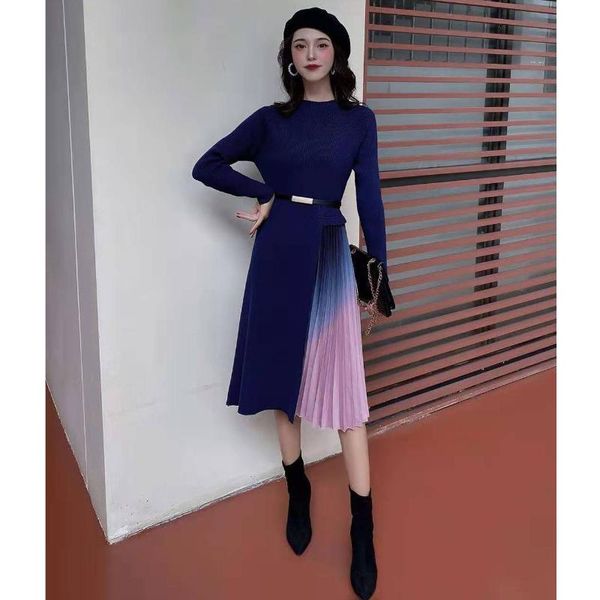 

casual dresses women knit dress elegant pleated gradient patchwork fall winter robe belt lace up streetwear vestidos female evening party, Black;gray