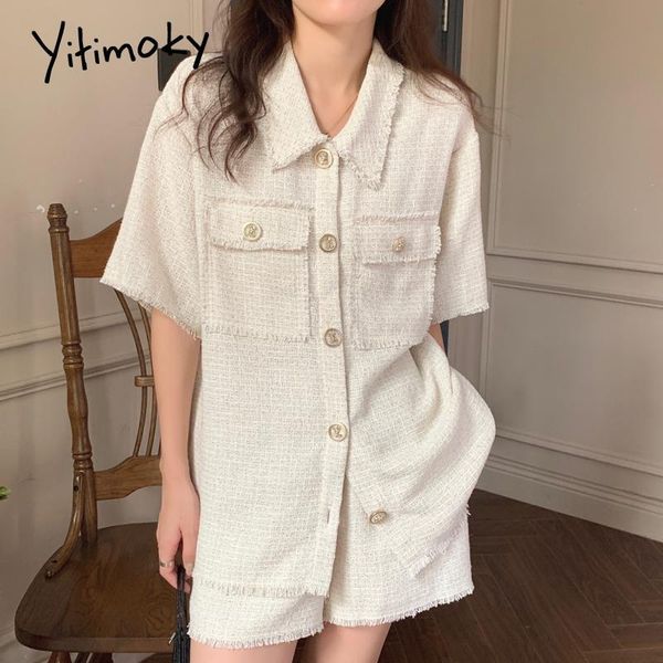 

women's tracksuits yitimoky 2 piece set button up shirt elastic waist shorts loose tassel pockets short sleeve turn-down collar casual, Gray