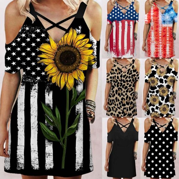 

women's t-shirt fashion summer casual cross v-neck print/leopard print strapless dress blusas mujer de moda camisetas, White