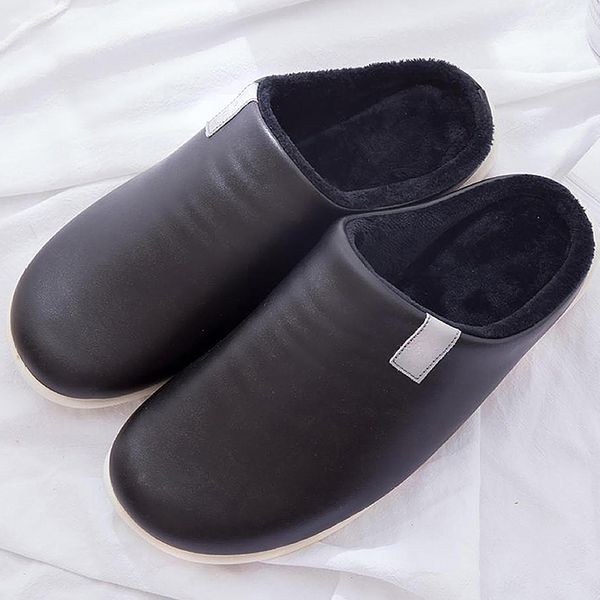 

winter warm slippers men waterproof plush velvet leather slippers cozy cotton home slippers for men non slip soft indoor shoes, Black