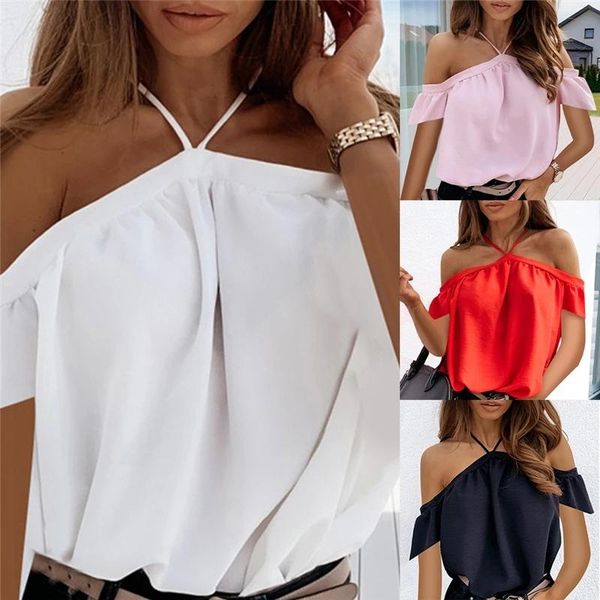 

women's blouses & shirts summer sling off shoulder halter blouse backless solid color elegant outdoor clothes women short sleeve, White