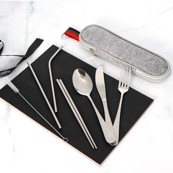

flatware sets 8pc multi-functions case packed all s/s 304 utensil kit portable outdoor camping cutlery straws chopsticks brush set