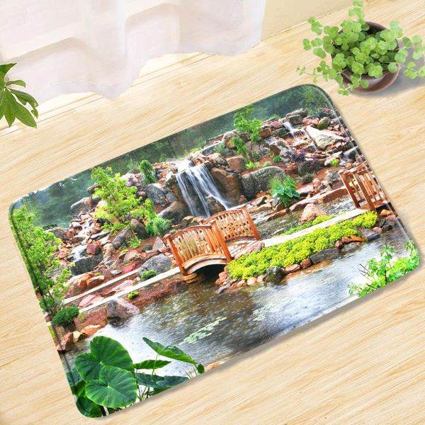 

bath mats garden rockery waterfall small bridge flowing water landscape mat scenery non-slip entrance door rug carpet