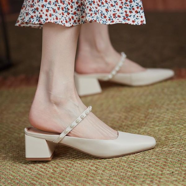 

women slippers sandals summer 2021 square toe sheep leather slip on 5cm height block high heels pearls mules woman shoes size 40, Black
