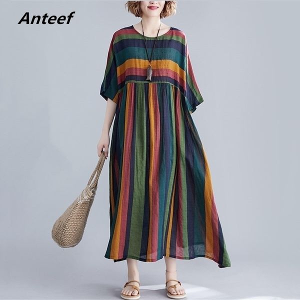 

cotton plus size vintage stripe women casual loose long summer dress elegant clothes 2021 ladies dresses sundress 210316, Black;gray