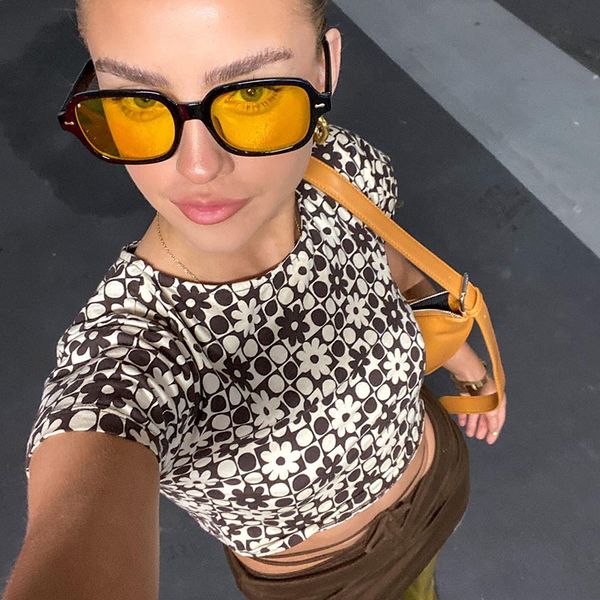 

retro flower print y2k aesthetic short sleeve crop for women summer streetwear fashion slim outfits t-shirts, White
