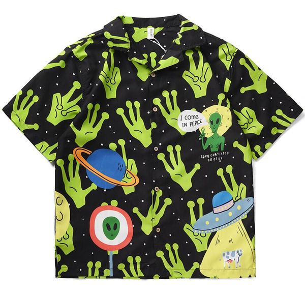 

summer shirts short sleeve ufo printed funny new fashion men hip hop loose casual shirts, White;black