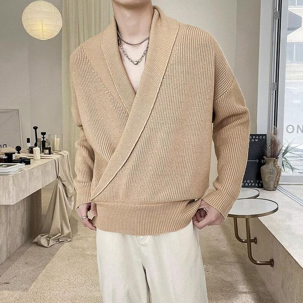 

men's sweaters clothing fashion big v lapel knit sweater loose solid color cool and handsome plus-size, White;black