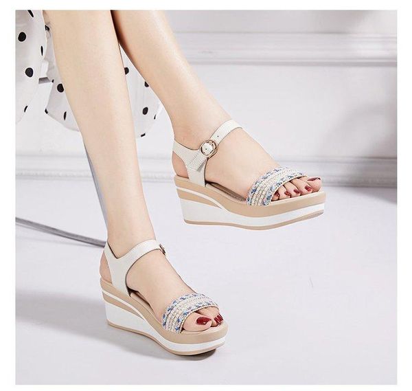 

sandals summer shoes woman platform wedges heel soft leather casual open toe women with 35-40, Black