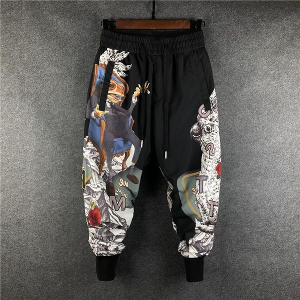 

men's pants spring men plus size printing high elastic casual small feet beam mouth personalized harem big clothing, Black