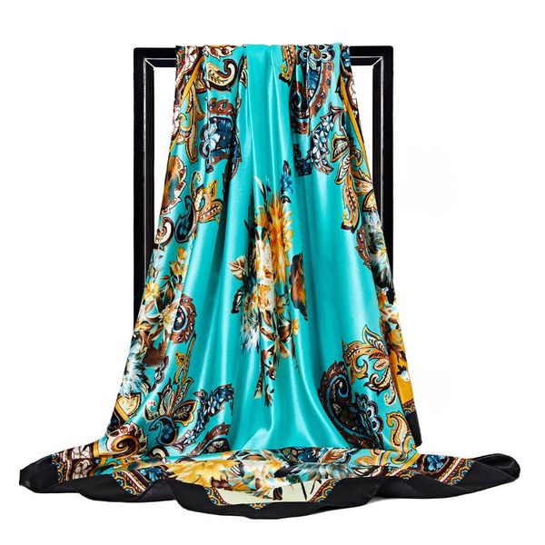 

2021 fashion floral print scarf women silk satin kerchief scarfs spring 90x90cm square shawl ladies sunscreen headband scarves, Blue;gray