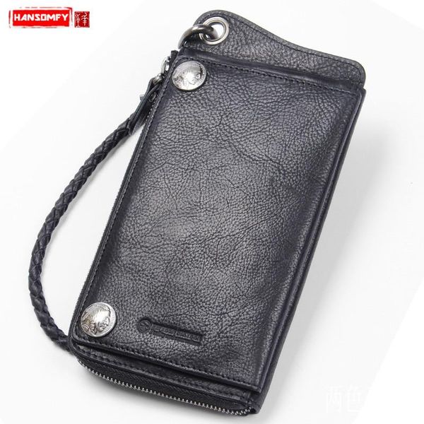 

handmade retro men's wallet buckle mobile phone bag anti-theft chain card holder wallets original long zipper genuine leather, Red;black