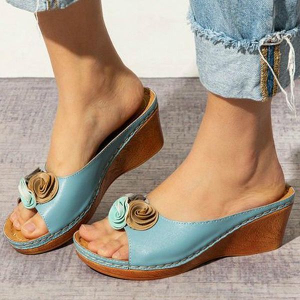 

slippers women outdoor flower platform wedges heels peep toe retro slides fashion casual female ladies shoes zapatos de mujer, Black