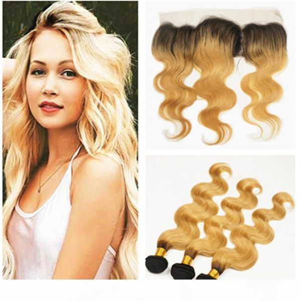 

two tone 1b 27 honey blonde ombre braizlian human hair wefts with frontal dark roots strawberry blonde ombre 13x4 lace frontal with 3bundles, Black;brown