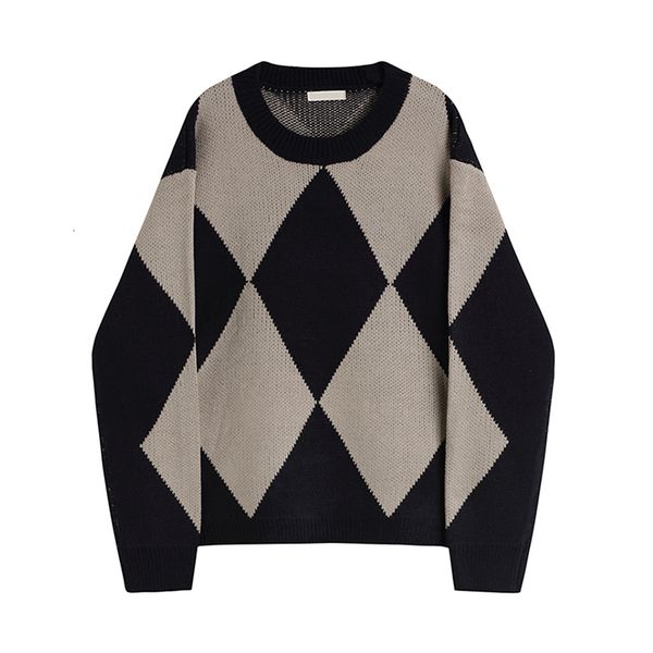 

women's sweaters feminino outono inverno argyle sweater o-neck oversized manga comprida de malha casual roupas macias senhora pullovers, White;black