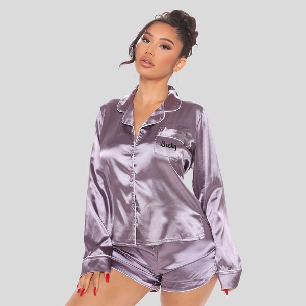 

plus size pajamas for women loungewear lucky embroidery satin bedroom matching sets sleepwear 2 piece set d26de46, White