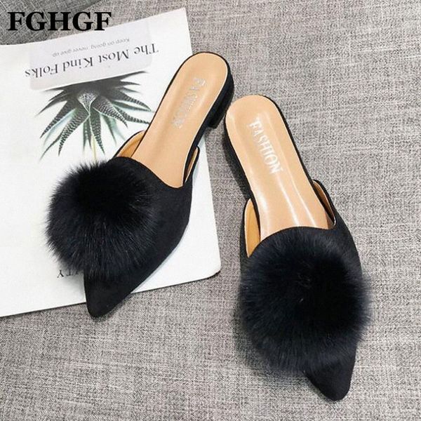 

women shoes 2019 spring summer casual shoes fur mules slip on loafers work pointed toe slippers zapatos mujer y441 h7me#, Black