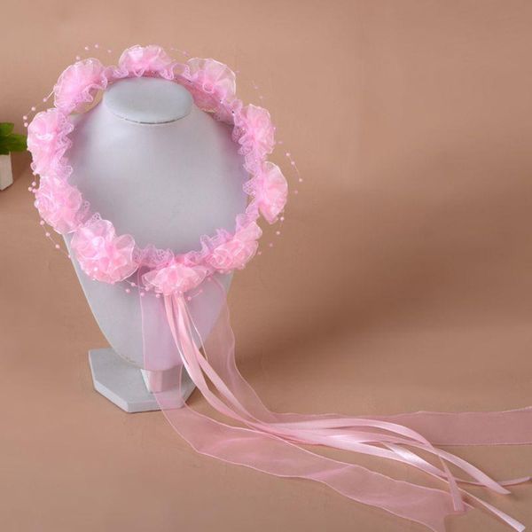 

hair accessories children girls wedding headband solid color ruffles lace flower wreath garland beaded decor princess halo crown, Slivery;white