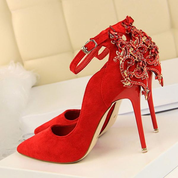 

dress shoes crystal high heels women pumps rhinestone ankle strap pointy toe suede party woman, Black