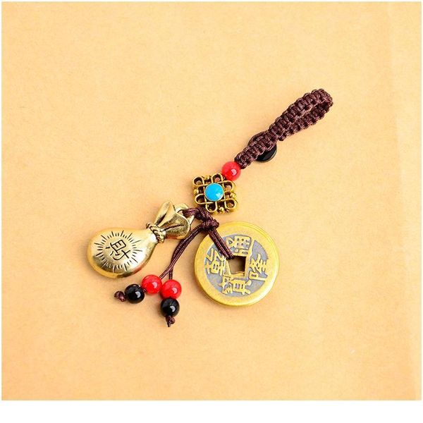 

handmade rope lucky feng shui hanging vintage brass money bag keychain pendant jewelry ancient five emperors coins car k jllyfw, Silver