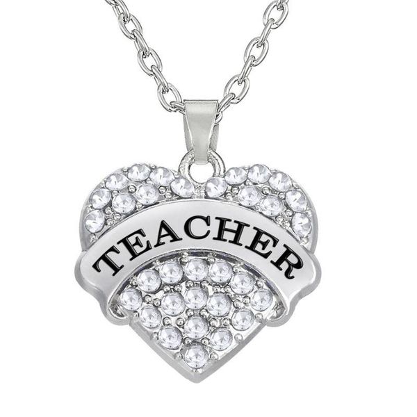 

pendant necklaces clear rhinestone teacher heart necklace exquisite crystal school teachers teacher's day jewelry gift wholesale, Silver