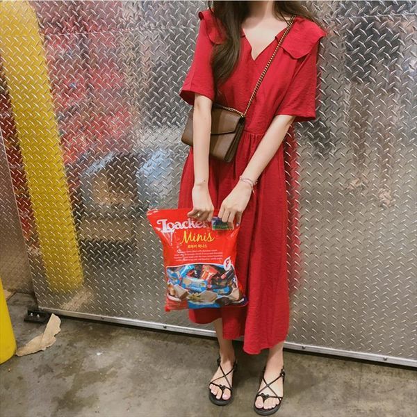 

summer red cute womens dresses peter pan collar solid long midi dress female loose vestido robe femme ete sarafan, Black;gray