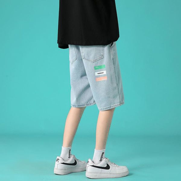 

men's jeans light blue denim shorts spring summer casual printing five-point washed sports loose semi-elastic waist pants 2021