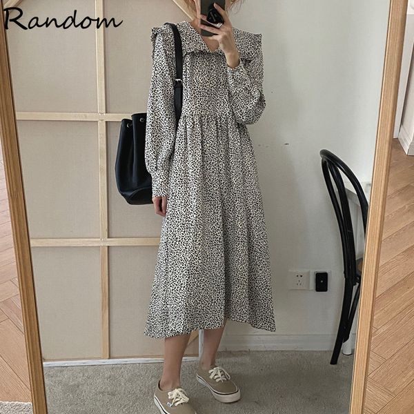 

2021 spring leopard summer of the vintage female loosely navy lapel ladies dressed dot print robe sweet chiffon fancy dress g3hj, Black;gray