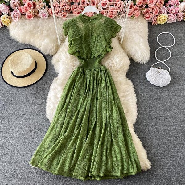

casual dresses vintage purple/green/red lace midi dress women sweet round neck ruffle vestidos female high waist slim robe spring autumn 202, Black;gray