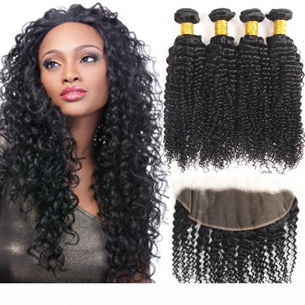 

wholesale brazilian curly virgin hair unprocessed kinky curly 4 bundles with frontal peruvian indian kinky curly wave human hair weave, Black;brown