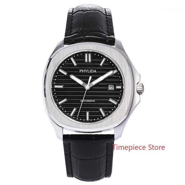 

waterproof 40mm black dial men's luxury classic wristwatch miyota automatic watch sapphire crystal leather strap green lume wristwatche, Slivery;brown
