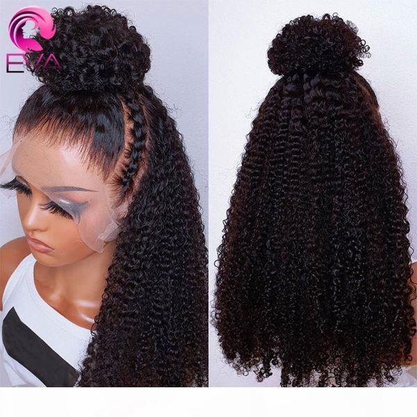 

eva kinky curly lace front human hair wigs brazilian 13x6 lace front wig 180% remy hair wig pre plucked bleached knots for women, Black;brown