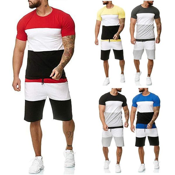 

running sets 5xl t shirt sport gym tshirt color matching short sleeve fashion splicing men fitness sports set suits sportswear, Black;blue