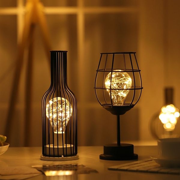 

2020 nordic iron glass red wine bottle copper led decorative night lamp
