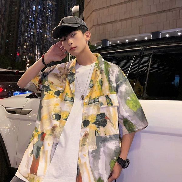 

men's casual shirts ins retro oil painting floral short-sleeved handsome shirt men and women pocket design flower, White;black