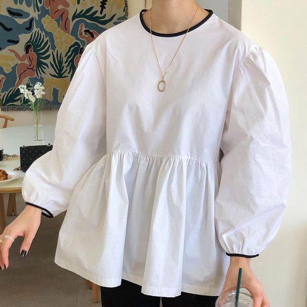 

women's blouses & shirts casual shirt women 2021 spring long puff sleeve hollow out white pullover korean fashion chic oversize blouse