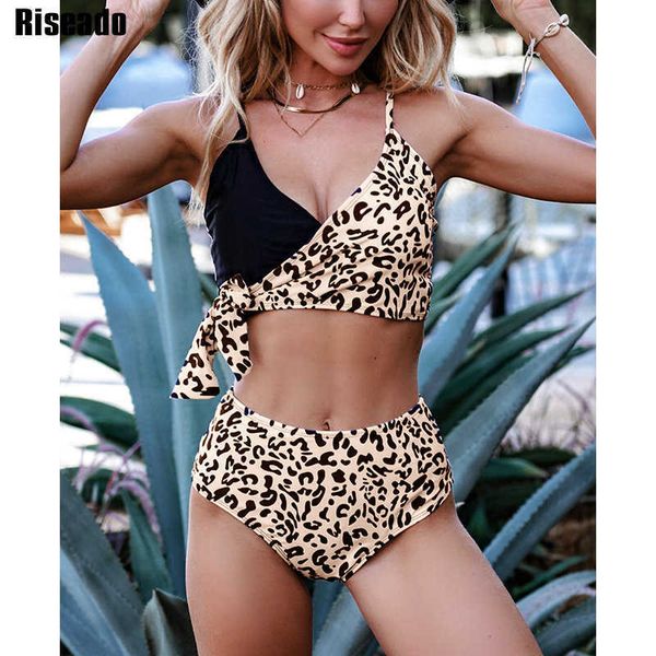 

riseado leopard bikini women high waist swimsuits push up swimwear patchwork biquinis set women knot side bathing suit, White;black