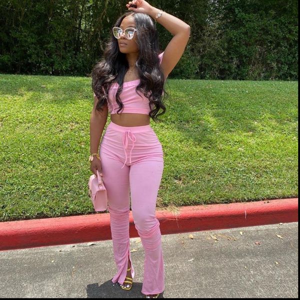 

bodycon two piece set crop stacked pants set women clothes ruched 2 piece matching sets summer outfits women 2021, Gray