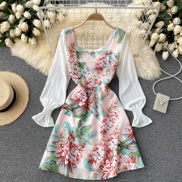 

casual dresses fashion runway autumn dress 2021 women sweet long bubble sleeve printed floral short french style, Black;gray