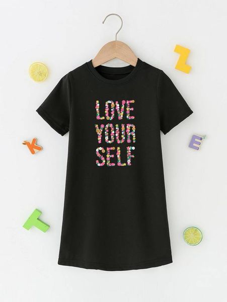 

toddler girls slogan & floral print tee dress she, Red;yellow