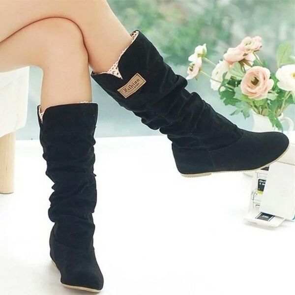 

boots explosive flat-bottom lace women's autumn and winter style rubber soft-soled lightweight suede mid-tube, Black
