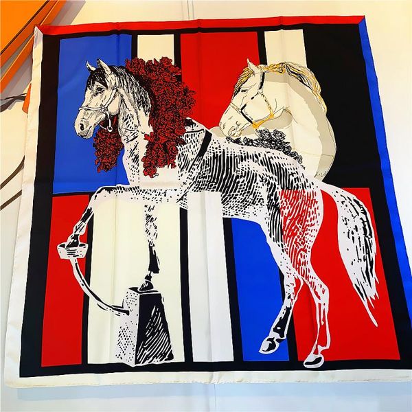 

scarves 90cm handmade curled twill silk square scarf hijab women bandana horse print foulard head shawl, Blue;gray